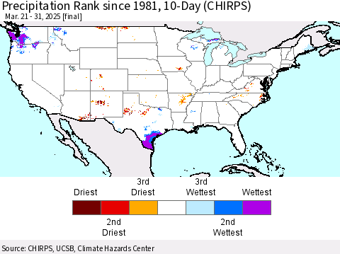 United States Precipitation Rank since 1981, 10-Day (CHIRPS) Thematic Map For 3/21/2025 - 3/31/2025