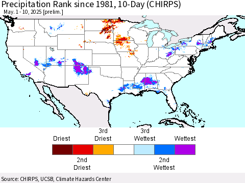 United States Precipitation Rank since 1981, 10-Day (CHIRPS) Thematic Map For 5/1/2025 - 5/10/2025