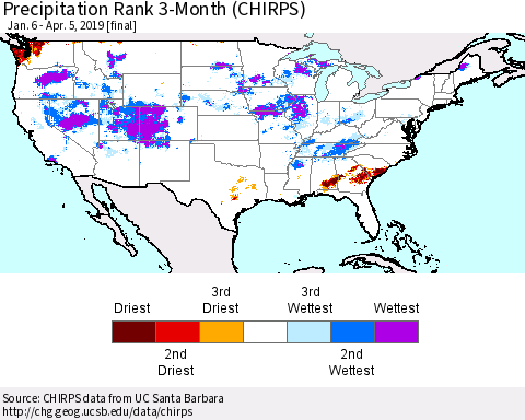 United States Precipitation Rank since 1981, 3-Month (CHIRPS) Thematic Map For 1/6/2019 - 4/5/2019