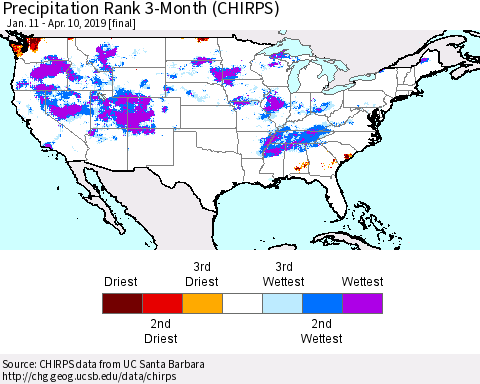 United States Precipitation Rank since 1981, 3-Month (CHIRPS) Thematic Map For 1/11/2019 - 4/10/2019