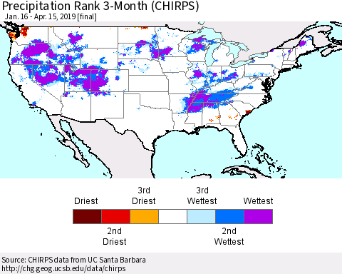 United States Precipitation Rank since 1981, 3-Month (CHIRPS) Thematic Map For 1/16/2019 - 4/15/2019
