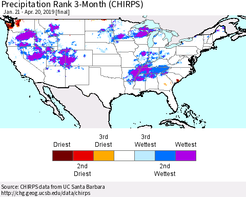 United States Precipitation Rank since 1981, 3-Month (CHIRPS) Thematic Map For 1/21/2019 - 4/20/2019