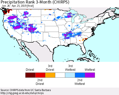 United States Precipitation Rank since 1981, 3-Month (CHIRPS) Thematic Map For 1/26/2019 - 4/25/2019
