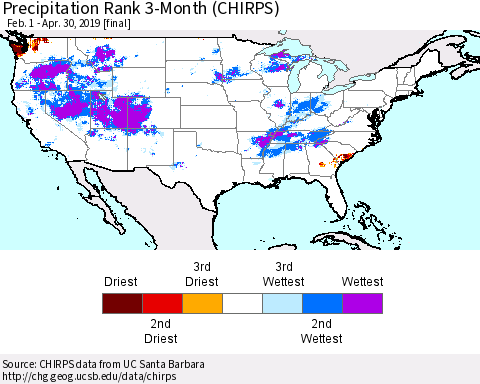 United States Precipitation Rank since 1981, 3-Month (CHIRPS) Thematic Map For 2/1/2019 - 4/30/2019