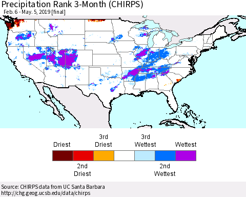 United States Precipitation Rank since 1981, 3-Month (CHIRPS) Thematic Map For 2/6/2019 - 5/5/2019