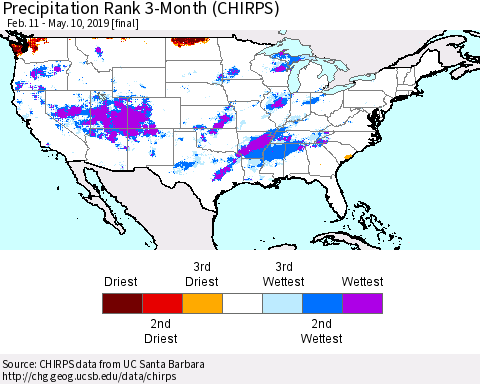 United States Precipitation Rank since 1981, 3-Month (CHIRPS) Thematic Map For 2/11/2019 - 5/10/2019