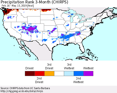 United States Precipitation Rank since 1981, 3-Month (CHIRPS) Thematic Map For 2/16/2019 - 5/15/2019