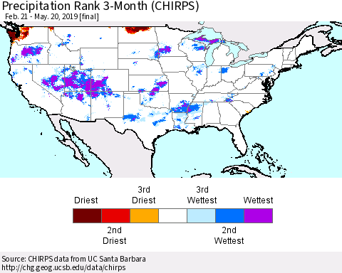 United States Precipitation Rank since 1981, 3-Month (CHIRPS) Thematic Map For 2/21/2019 - 5/20/2019