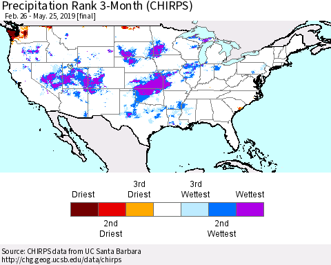 United States Precipitation Rank since 1981, 3-Month (CHIRPS) Thematic Map For 2/26/2019 - 5/25/2019