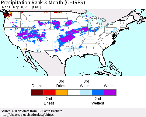 United States Precipitation Rank since 1981, 3-Month (CHIRPS) Thematic Map For 3/1/2019 - 5/31/2019