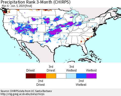 United States Precipitation Rank 3-Month (CHIRPS) Thematic Map For 3/6/2019 - 6/5/2019