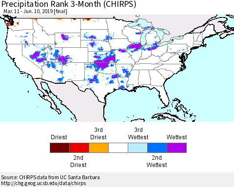 United States Precipitation Rank 3-Month (CHIRPS) Thematic Map For 3/11/2019 - 6/10/2019