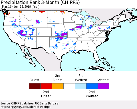 United States Precipitation Rank 3-Month (CHIRPS) Thematic Map For 3/16/2019 - 6/15/2019