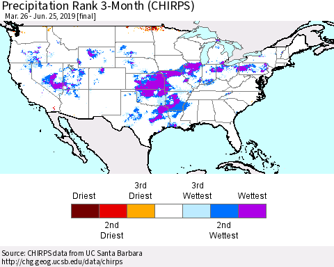 United States Precipitation Rank 3-Month (CHIRPS) Thematic Map For 3/26/2019 - 6/25/2019