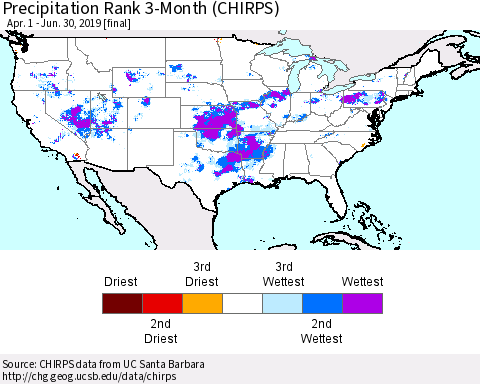 United States Precipitation Rank since 1981, 3-Month (CHIRPS) Thematic Map For 4/1/2019 - 6/30/2019