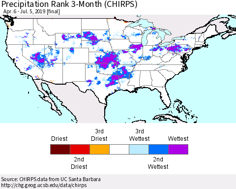 United States Precipitation Rank since 1981, 3-Month (CHIRPS) Thematic Map For 4/6/2019 - 7/5/2019
