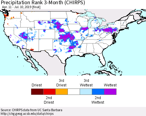 United States Precipitation Rank 3-Month (CHIRPS) Thematic Map For 4/11/2019 - 7/10/2019