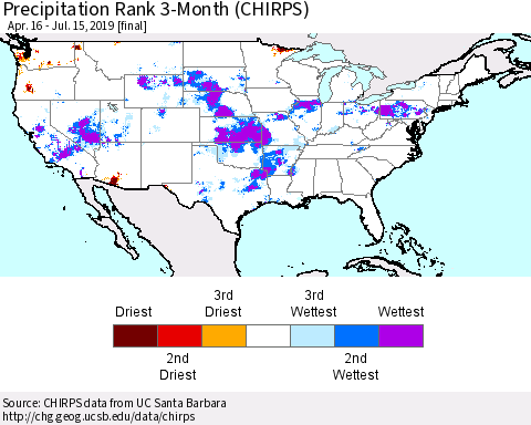 United States Precipitation Rank 3-Month (CHIRPS) Thematic Map For 4/16/2019 - 7/15/2019