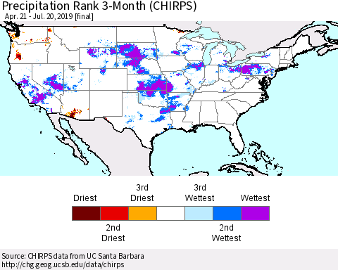 United States Precipitation Rank since 1981, 3-Month (CHIRPS) Thematic Map For 4/21/2019 - 7/20/2019