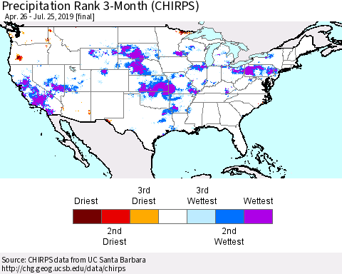 United States Precipitation Rank 3-Month (CHIRPS) Thematic Map For 4/26/2019 - 7/25/2019