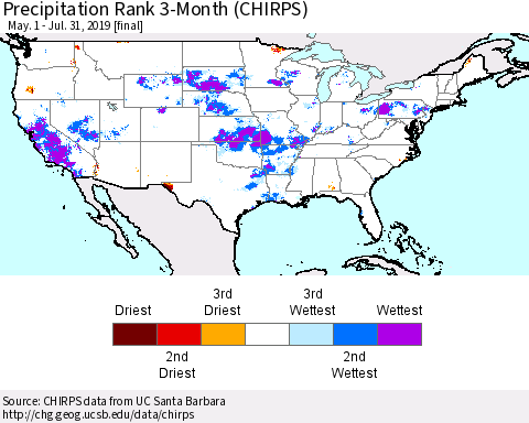 United States Precipitation Rank since 1981, 3-Month (CHIRPS) Thematic Map For 5/1/2019 - 7/31/2019