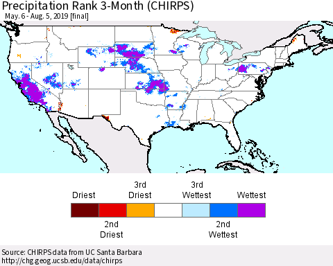 United States Precipitation Rank 3-Month (CHIRPS) Thematic Map For 5/6/2019 - 8/5/2019