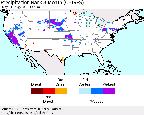 United States Precipitation Rank 3-Month (CHIRPS) Thematic Map For 5/11/2019 - 8/10/2019