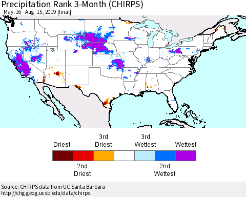 United States Precipitation Rank 3-Month (CHIRPS) Thematic Map For 5/16/2019 - 8/15/2019