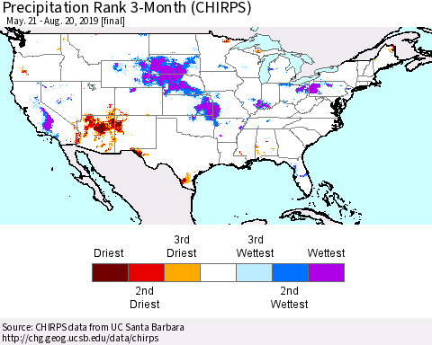 United States Precipitation Rank 3-Month (CHIRPS) Thematic Map For 5/21/2019 - 8/20/2019