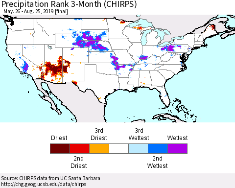 United States Precipitation Rank since 1981, 3-Month (CHIRPS) Thematic Map For 5/26/2019 - 8/25/2019