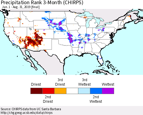 United States Precipitation Rank since 1981, 3-Month (CHIRPS) Thematic Map For 6/1/2019 - 8/31/2019