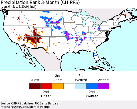 United States Precipitation Rank 3-Month (CHIRPS) Thematic Map For 6/6/2019 - 9/5/2019