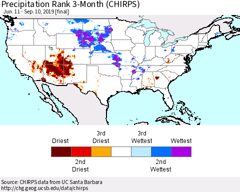 United States Precipitation Rank 3-Month (CHIRPS) Thematic Map For 6/11/2019 - 9/10/2019