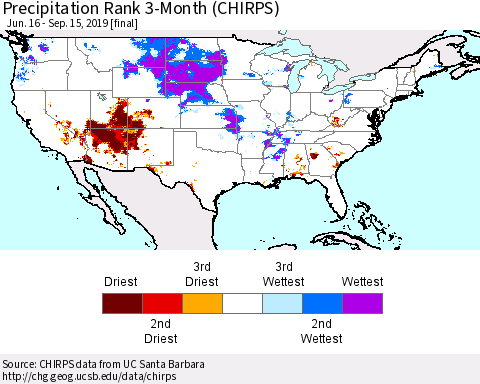 United States Precipitation Rank 3-Month (CHIRPS) Thematic Map For 6/16/2019 - 9/15/2019