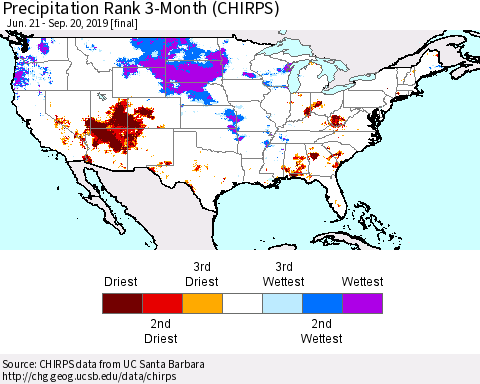 United States Precipitation Rank 3-Month (CHIRPS) Thematic Map For 6/21/2019 - 9/20/2019