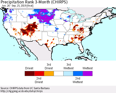 United States Precipitation Rank 3-Month (CHIRPS) Thematic Map For 6/26/2019 - 9/25/2019