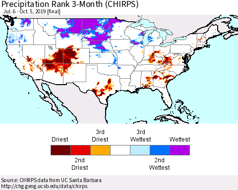 United States Precipitation Rank 3-Month (CHIRPS) Thematic Map For 7/6/2019 - 10/5/2019