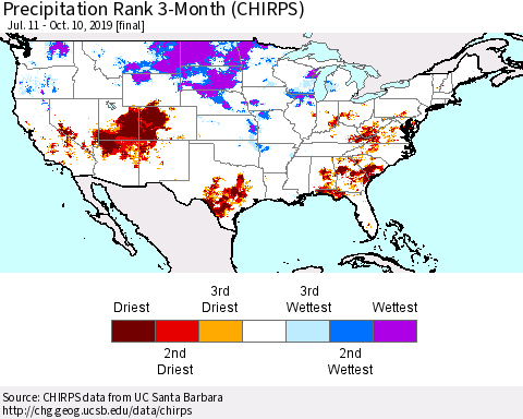 United States Precipitation Rank 3-Month (CHIRPS) Thematic Map For 7/11/2019 - 10/10/2019