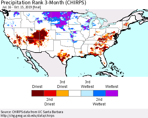 United States Precipitation Rank since 1981, 3-Month (CHIRPS) Thematic Map For 7/16/2019 - 10/15/2019