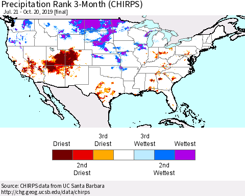United States Precipitation Rank 3-Month (CHIRPS) Thematic Map For 7/21/2019 - 10/20/2019