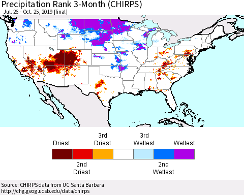 United States Precipitation Rank since 1981, 3-Month (CHIRPS) Thematic Map For 7/26/2019 - 10/25/2019