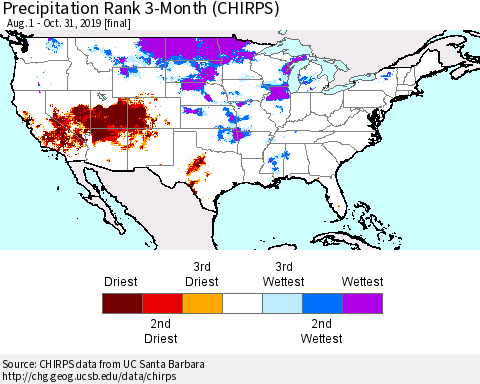 United States Precipitation Rank 3-Month (CHIRPS) Thematic Map For 8/1/2019 - 10/31/2019