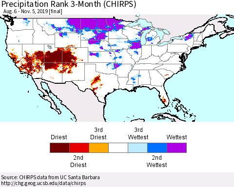 United States Precipitation Rank 3-Month (CHIRPS) Thematic Map For 8/6/2019 - 11/5/2019