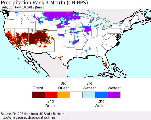 United States Precipitation Rank 3-Month (CHIRPS) Thematic Map For 8/11/2019 - 11/10/2019