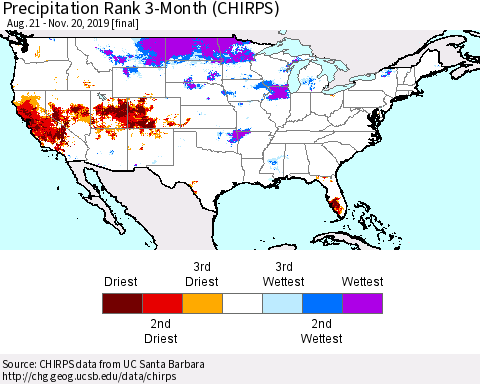 United States Precipitation Rank since 1981, 3-Month (CHIRPS) Thematic Map For 8/21/2019 - 11/20/2019