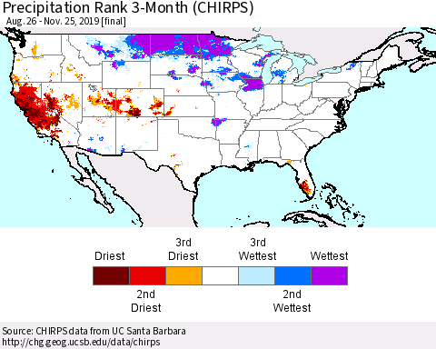 United States Precipitation Rank 3-Month (CHIRPS) Thematic Map For 8/26/2019 - 11/25/2019