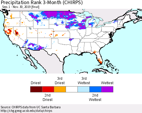United States Precipitation Rank 3-Month (CHIRPS) Thematic Map For 9/1/2019 - 11/30/2019