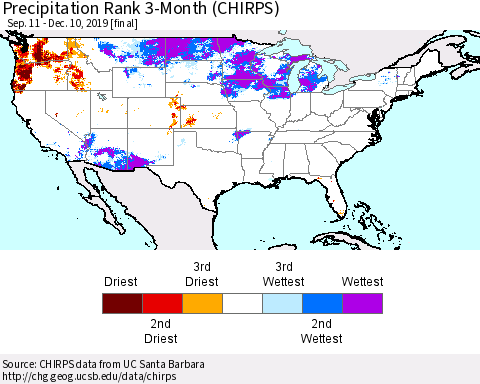 United States Precipitation Rank 3-Month (CHIRPS) Thematic Map For 9/11/2019 - 12/10/2019