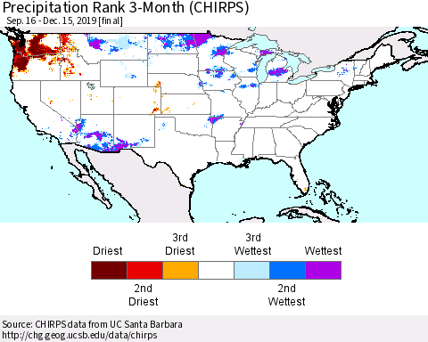 United States Precipitation Rank 3-Month (CHIRPS) Thematic Map For 9/16/2019 - 12/15/2019