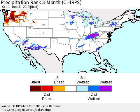 United States Precipitation Rank 3-Month (CHIRPS) Thematic Map For 10/1/2019 - 12/31/2019